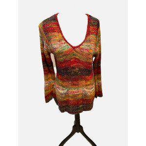 Bobby Brooks Women V-Neck Pullover Red Multi Tunic Knit Top WithPockets Size L.